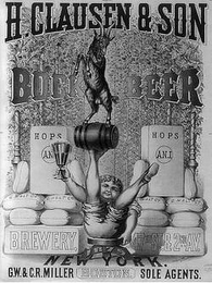 H. CLAUSEN & SON BOCK BEER HOPS AN.J. G. MALT CO. BREWERY, 47TH ST.8 2ND AV. 1879 NEW YORK G.W. & C.R. MILLER BOSTON SOLE AGENTS. logo