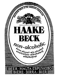 HAAKE BECK NON-ALCOHOLIC BRAUEREI BECK & CO., BREMEN/GERMANY SANS ALCOOL SIN ALCOHOL ANALCOLICO ALKOHOLVRIJ ALKOHOLFREI BEER MALTA ESPUMOSO BIERE BIRRA BIER logo