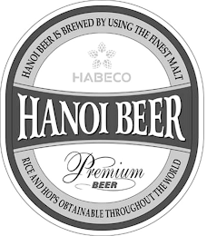 HABECO HANOI BEER PREMIUM BEER HANOI BEER IS BREWED BY USING THE FINEST MALT RICE AND HOPS OBTAINABLE THROUGHOUT THE WORLD logo