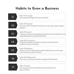HABITS TO GROW A BUSINESS 01. HABIT #1 COURAGE: BE COURAGEOUS ENOUGH TO SELL OVER THE INTERNET. 02. HABIT #2: PURPOSE: DOCUMENT WHAT TIME FREEDOM MEANS TO YOU, AND CREATE A GOAL TO SUPPORT PROGRESS. 03. HABIT #3 IMPACT: IMPACT YOUR AUDIENCE BY PACKAGING INFORMATION THAT YOU ALREADY KNOW INTO A PAID DIGITAL PRODUCT USING THE OFFER WHEEL 04. HABIT #4 CONNECTION: SCHEDULE EMOTIONALLY COMPELLING CONTENT TO CONNECT WITH YOUR AUDIENCE 6 MONTHS IN ADVANCE 05. HABIT #5 BALANCE: CREATE A "NO" LIST TO INDICATE WHAT PROJECTS AND CLIENTS YOU WON'T ACCEPT. HONOR THIS LIST FOR AT LEAST 12 MONTHS. 06. HABIT #6 DIFFERENTIATE: LASER FOCUS ON SOLVING ONE PROBLEM USING THE PSO FRAMEWORK 07. HABIT #7 LEAD: HIRE, MANAGE AND TRAIN STAFF. RETAIN KEY STAFF MEMBERS FOR AT LEAST 12 MONTHS. logo