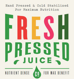 HAND PRESSED & COLD STABILIZED FOR MAXIMUM NUTRITION FRESH PRESSED JUICE NUTRIENT DENSE CO FOR MAX BENEFIT logo