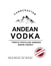 HANDCRAFTED ANDEAN VODKA "TRIPLE DISTILLED ANDEAN GRAIN VODKA" DISTILLED IN PERU ANDEAN VODKA ANDEAN BLACK CORN 750 ML 45% ALC/VOL 90 PROOF logo