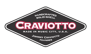 HANDCRAFTED SOLID-SHELL CRAVIOTTO MADE IN MUSIC CITY, U.S.A. JOHNNY CRAVIOTTO FOUNDER logo