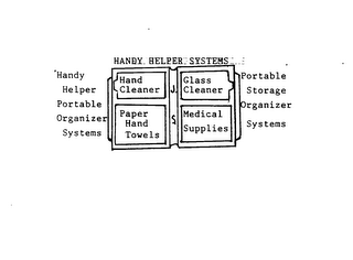 HANDY HELPER SYSTEMS HANDY HELPER PORTABLE ORGANIZER SYSTEMS HAND CLEANER PAPER HAND TOWELS GLASS CLEANER MEDICAL SUPPLIES PORTABLE STORAGE ORGANIZER SYSTEMS logo