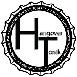 HANGOVER TONIK YOUR 5AM FIX WWW.HANGOVERTONIK.COM FOR SUPERIOR HANGOVER RELIEF MADE IN THE USA ESTABLISHED MARCH 17, 2014 logo
