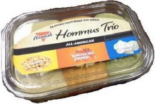 HANNAH HOMMUS TRIO FLAVORS THAT MAKE YOU SMILE ALL-AMERICAN CLASSIC ROASTED RED PEPPER ROASTED GARLIC logo