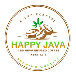 HAPPY JAVA CBD HEMP INFUSED COFFEE ESTD.2018 MICRO ROASTED PREMIUM QUALITY logo