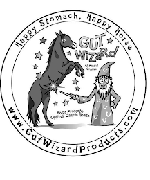 HAPPY STOMACH, HAPPY HORSE GUT WIZARD ALL NATURAL ORGANIC HELPS PROMOTE OPTIMAL GASTRIC HEALTH WWW.GUTWIZARDPRODUCTS.COM logo