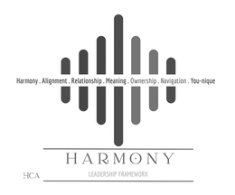 HARMONY . ALIGNMENT . RELATIONSHIP . MEANING . OWNERSHIP . NAVIGATION . YOU-NIQUE HCA HARMONY LEADERSHIP FRAMEWORK logo