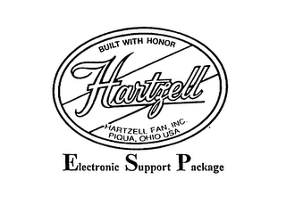 HARTZELL ELECTRONIC SUPPORT PACKAGE BUILT WITH HONOR HARTZELL FAN, INC. PIQUA, OHIO USA logo