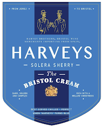 HARVEYS SOLERA SHERRY THE BRISTOL CREAM. FROM JEREZ TO BRISTOL HARVEY BROTHERS, BRISTOL WINE MERCHANTS IMPORTING FROM SPAIN DARK, GOLDEN AND COMPLEX RICH WITH A MELLOW SWEETNESS BEST SERVED CHILLED-PERFECT WHEN 'HARVEYS' TURNS BLUE logo