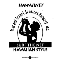 HAWAIINET TOUR AND TRAVEL SERVICES NETWORK, INC. SURF THE NET HAWAIIAN STYLE logo