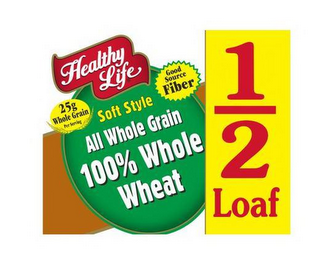 HEALTHY LIFE 25G WHOLE GRAIN PER SERVING GOOD SOURCE FIBER SOFT STYLE ALL WHOLE GRAIN 100% WHOLE WHEAT 1/2 LOAF logo