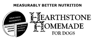 HEARTHSTONE HOMEMADE FOR DOGS MEASURABLY BETTER NUTRITION YOUR FRESH INGREDIENTS HEARTHSTONE CUSTOM RECIPE HEARTHSTONE NUTRIENT FORMULA logo