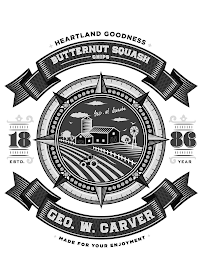 HEARTLAND GOODNESS BUTTERNUT SQUASH CHIPS GEO. W. CARVER 18 86 ESTD. YEAR GEO. W. CARVER MADE FOR YOUR ENJOYMENT logo