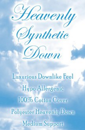 HEAVENLY SYNTHETIC DOWN LUXURIOUS DOWNLIKE FEEL HYPO ALLERGENIC 100% COTTON COVER POLYESTER HEAVENLY DOWN MEDIUM SUPPORT logo