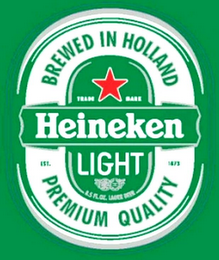 HEINEKEN LIGHT BREWED IN HOLLAND PREMIUM QUALITY EST. 1873 8.5 FL OZ. LAGER BEER logo