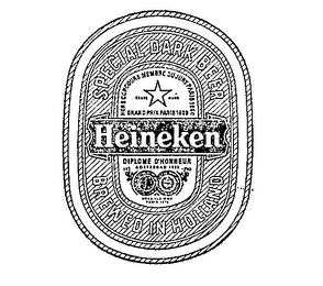 HEINEKEN SPECIAL DARK BEER BREWED IN HOLLAND HORS CONCOURS MEMBRE DU JURY PARIS 1900 TRADE MARK GRAND PRIX PARIS 1889 DIPLOME D'HONNEUR AMSTERDAM 1883 MEDAILLE D'OR PARIS 1875 logo
