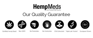 HEMPMEDS YOUR TRUSTED CBD SOURCE OUR QUALITY GUARANTEE CERTIFIED HEMP SEED NON GMO NO PESTICIDES NO HERBICIDES CO2 EXTRACTED TRIPLE LAB TESTED EU EUROPEAN GROWN logo