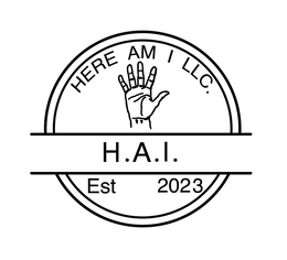 HERE AM I LLC. H.A.I. EST 2023 logo