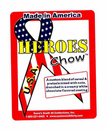 HEROES CHOW U.S.A. MADE IN AMERICA A CUSTOM BLEND OF CEREAL & PRETZEL MIXED WITH NUTS, DRENCHED IN A CREAMY WHITE CHOCOLOTE FLAVORED COATING logo