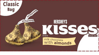 HERSHEY'S KISSES BRAND SINCE 1907 CLASSIC BAG MILK CHOCOLATE WITH ALMONDS logo
