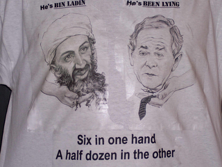 HE'S BIN LADEN - HE'S BEEN LYING SIX IN ONE HAND A HALF DOZEN IN THE OTHER logo