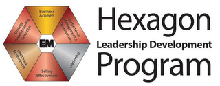 HEXAGON LEADERSHIP DEVELOPMENT PROGRAM EM BUSINESS ACUMEN PERFORMANCE MANAGEMENT & DEVELOPMENT LEADERSHIP SELLING EFFECTIVENESS HEALTHCARE ENVIRONMENT STRATEGY DEVELOPMENT & EXECUTION logo