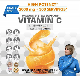 HIGH POTENCY FAMILY SIZE 2000 MG · 300 SERVINGS IMMUNE SYSTEM SUPPORT VITAMIN C AS ASCORBIC ACID SOLIBLE FINE CRYSTALS SUGAR FREE PEANUT & NUT FREE SOY FREE NON GMO SEA FOOD FREE VEGAN EGG FREE GLUTEN FREE ASCORBIC ACID ASCORBIC ACID 100% GMP MADE IN USA BEST SELLER REPRESENTED BY OLGA TANÓN logo