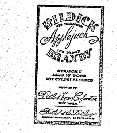HILDICK APPLE JACK BRANDY OLD FASHIONED 100 PROOF STRAIGHT AGED IN WOOD NOT CUT, NOT BLENDED DISTILLED BY DISTILLED LIQUORS CORPORATION NEW YORK BOTTLED AT THE DISTILLERY logo