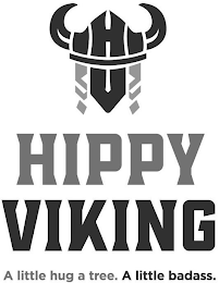 HIPPY VIKING A LITTLE HUG A TREE. A LITTLE BADASS. logo