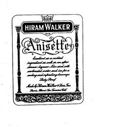HIRAM WALKER ANISETTE EXCELLENT AS A COCKTAIL INGREDIENT AS WELL AS AN AFTER DINNER LIQUEUR. ALSO USED WITH CARBONATED WATER AND ICE FOR A COOLING AND REFRESHING BEVERAGE MADE AND BOTTLED BY HIRAM WALKER & SONS, INC. PEORIA, ILLINOUS DISTUBUTORS OF "CANADIAN CLUB" WHISKEY logo