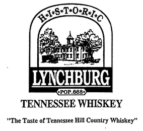 HISTORIC LYNCHBURG POP.668 TENNESSEE WHISKEY "THE TASTE OF TENNESSEE HILL COUNTRY WHISKEY" logo