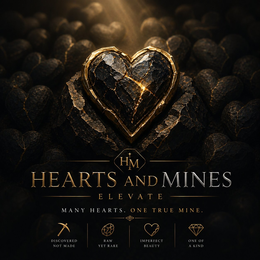 HM HEARTS AND MINES ELEVATE MANY HEARTS. ONE TRUE MINE. DISCOVERED NOT MADE RAW YET RARE IMPERFECT BEAUTY ONE OF A KIND logo