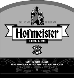 HOFMEISTER HELLES SLOW BREW GENUINE HELLES LAGER MADE USING ONLY HOPS, BARLEY AND MINERAL WATER REINHEITSGEBOT 1516 logo