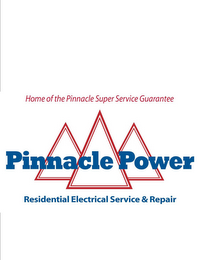 HOME OF THE PINNACLE SUPER SERVICE GUARANTEE PINNACLE POWER RESIDENTIAL ELECTRICAL SERVICE & REPAIR logo