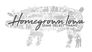 HOMEGROWN IOWA, IOWA SELECT FARMS FAMILIES SMALL BUSINESSES REVITALIZE STRONG COMMUNITIES RENEW PEOPLE MADE IN USA GROW logo
