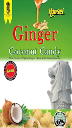 HONSEI PRODUCT OF SINGAPORE GINGER COCONUT CANDY RICH FLAVOUR OF SPICY GINGERS PAIRED WITH CREAMY COCONUTS THIS AN AUTHENTIC MARK OF HONSEI PRODUCT C'EST UNE MARQUE AUTHENTIQUE DE PRODUCT DE HONSEI HALAL SINGAPORE logo
