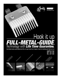 HOOK IT UP FULL METAL GUIDE TECHNOLOGY WITH LIFE TIME GUARANTEE.  FULL METAL GUIDE COMB ATTACHMENT FITS ALL MAJOR BRAND HAIR CLIPPERS.  USED FOR BLENDING AND FADE OUT CUT.  YANAKI MY logo