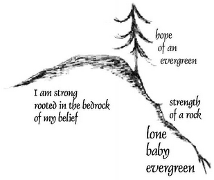 HOPE OF AN EVERGREEN I AM STRONG ROOTED IN THE BEDROCK OF MY BELIEF STRENGTH OF A ROCK LONE BABY EVERGREEN logo