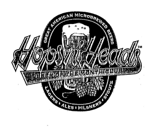 HOPS N' HEADS BEER OF THE MONTH CLUB GREAT AMERICAN MICROBREWED BEERS LAGERS ALES PILSNERS STOUTS logo
