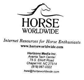 HORSE WORLDWIDE INTERNET RESOURCES FOR HORSE ENTHUSIASTS WWW.HORSEWORLDWIDE.COM HORIZONS MEDIA INC. AVANTA TECH CENTER (919)967-0322 HWW@HORSEWORLDWIDE.COM logo