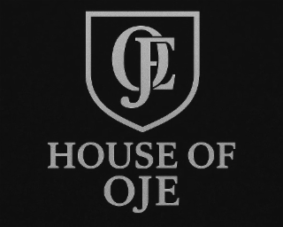 HOUSE OF OJE IS THE BRAND NAME. INSIDE THE CREST LOGO IS THE INTERLOCKED OJE MONOGRAM IN SERIF WORDMARK. logo
