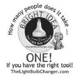 HOW MANY PEOPLE DOES IT TAKE... BRIGHT IDEA THE LIGHT BULB CHANGER THELIGHTBULBCHANGER.COM ONE! IF YOU HAVE THE RIGHT TOOL! THE LIGHTBULBCHANGER.COM logo