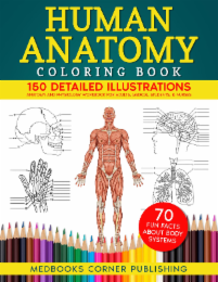 HUMAN ANATOMY COLORING BOOK 150 DETAILED ILLUSTRATIONS ANATOMY AND PHYSIOLOGY WORKBOOK FOR ADULTS, MEDICAL STUDENTS, & NURSES 70 FUN FACTS ABOUT BODY SYSTEMS MEDBOOKS CORNER PUBLISHING logo