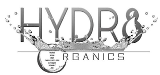 HYDR8 ORGANICS ELECTROLYTE WATER PROTEIN BIOTIN IRON OMEGA 3 FATTY ACIDS B VITAMINS VITAMIN C ZINC logo