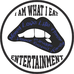 I AM WHAT I EAT ENTERTAINMENT MONEY LOVE LIFE HONOR FAMILY STRUGGLE RESPECT POWER logo