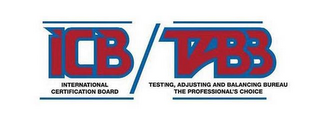 ICB INTERNATIONAL CERTIFICATION BOARD TABB TESTING, ADJUSTING AND BALANCING BUREAU THE PROFESSIONAL'S CHOICE logo