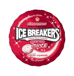 ICE BREAKERS CINNAMON NATURAL & ARTIFICIAL FLAVOR TO SHARE ULTIMATE MOUTH FRESHENING SUGAR FREE MINTS WITH FLAVOR CRYSTALS, NOT TO SHARE logo