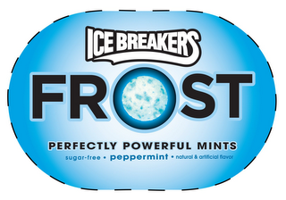 ICE BREAKERS FROST PERFECTLY POWERFUL MINTS SUGAR-FREE PEPPERMINT NATURAL & ARTIFICIAL FLAVOR logo